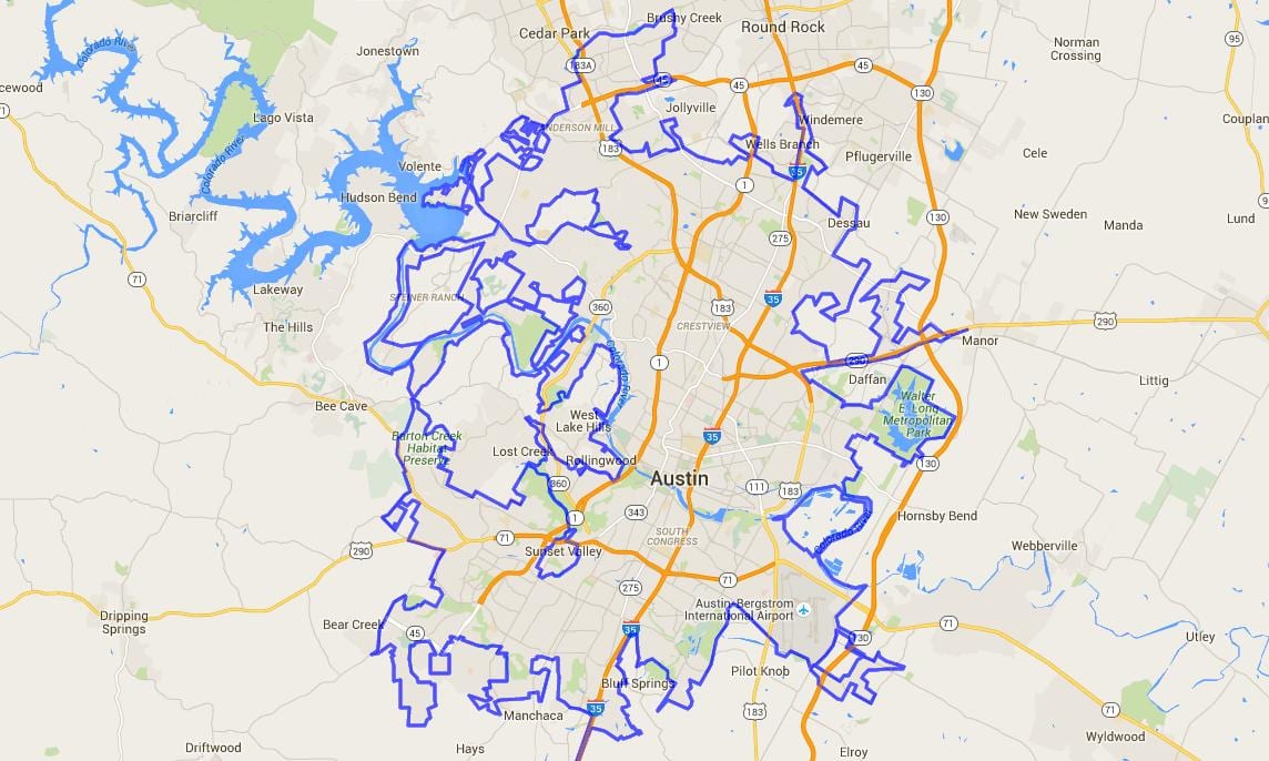 mapa Austin granicach miasta