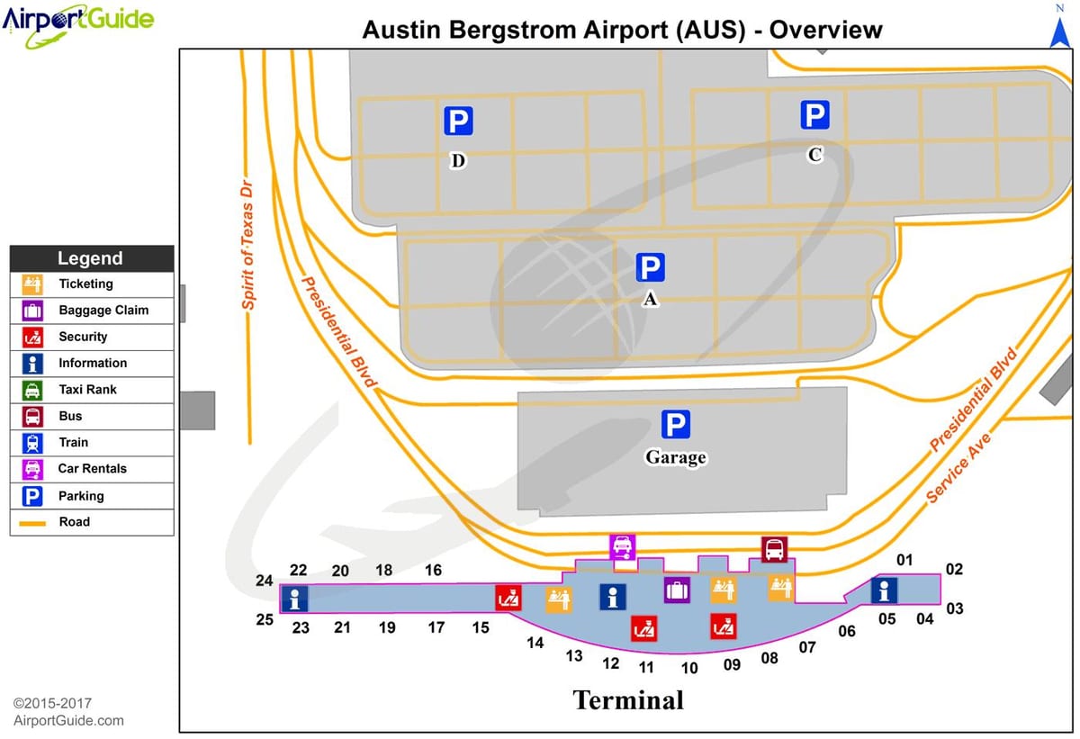 Austin międzynarodowe bergstrom international airport mapie
