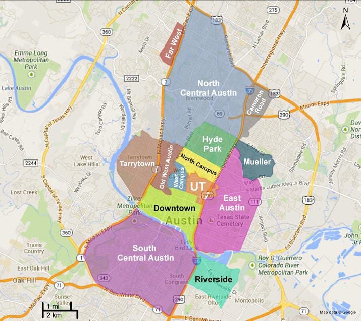 mapa Austin przedmieściach